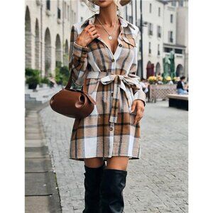 Khaki Long Plaid‎ Shacket Jacket Button Down Midi Belted Trench Coat Dress